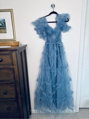 Stacees Dusty Blue Ruffle Tulle Formal Gown Prom Dress US 10 NWT